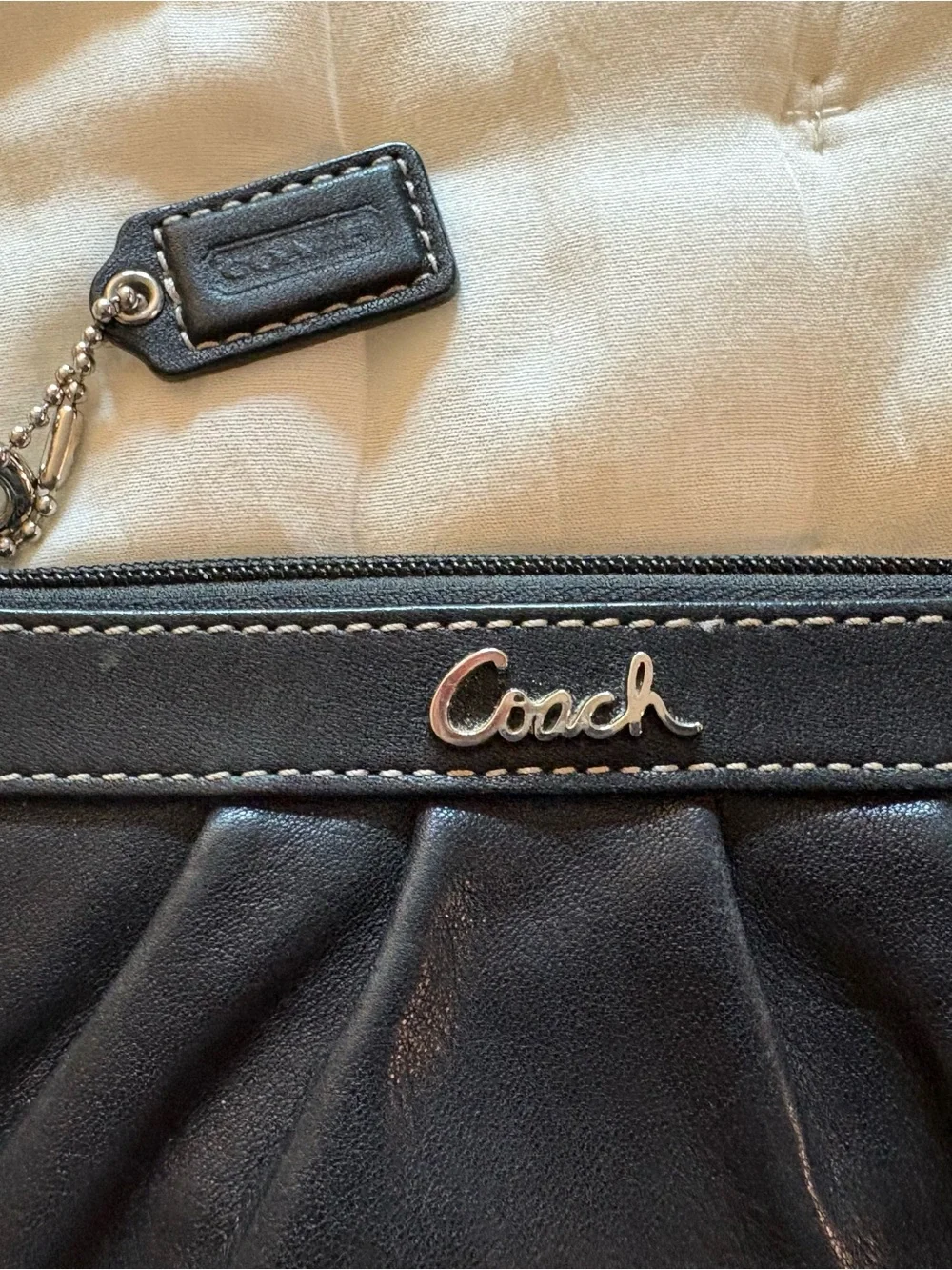 Coach Black Leather Wristlet Clutch with Silver Logo